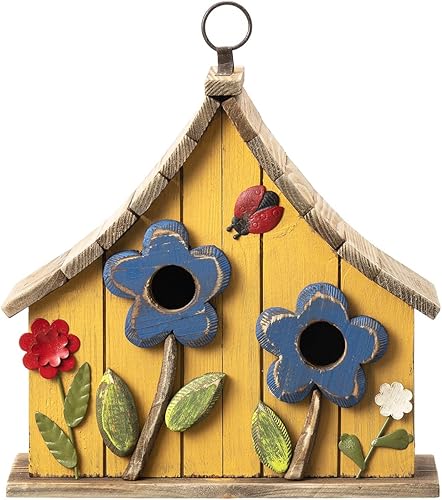 Miniatura 84 de Glitzhome Casas para pájaros para exteriores, casa de pájaros de madera maciza envejecida de gran tamaño de 15 pulgadas de largo con flores 3D