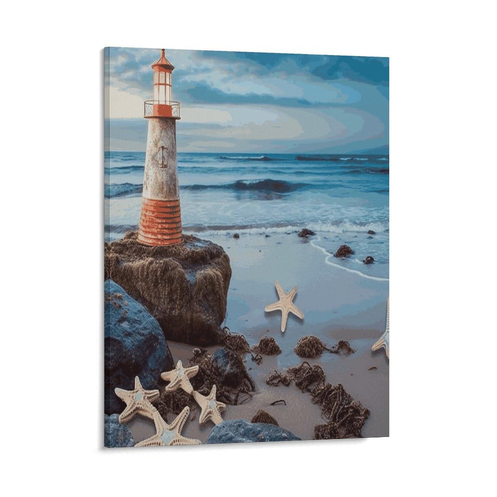 Adfgyerh Style Starfish Lighthouse Beach Wall Art Framed,Canvas Prints Ready To Hang Home Decor,Canvas Wall Art For Living Room Hallway Office Wall Decor 16X20inch(41X51cm)