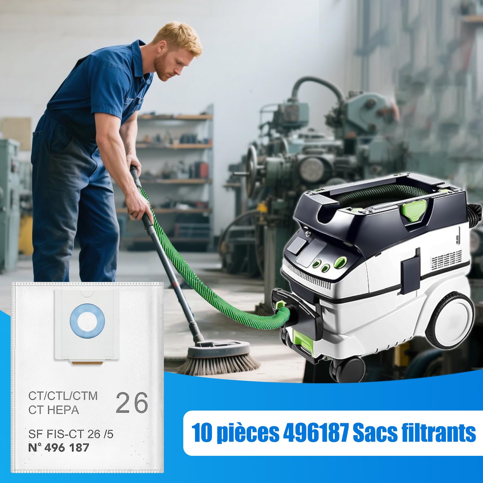 10 Sac filtrants compatible avec Festool CT 26 / CTM 26 E/CTL 26 E Aspirateur, 496187 Sac Aspirateur pour Festool SC FIS-CT 26/5, Jetables et Grande Capacité