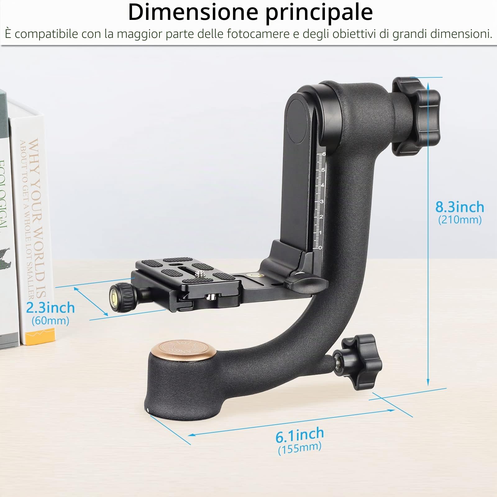 ARTCISE Testa per treppiede cardanico, testine per impieghi gravosi e piastra a sgancio rapido standard da 1/4 '' e livella a bolla per treppiede per fotocamera DLSR, carico massimo 20KG/44LBS