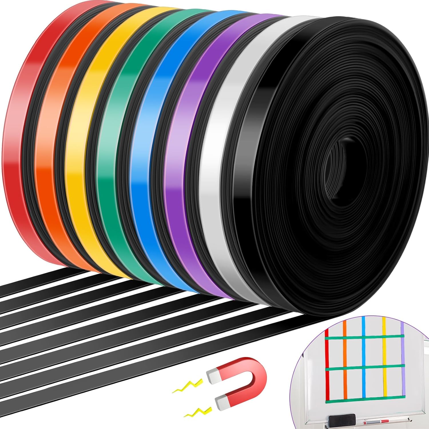 8 Rolls Magnetic Tape Roll Thin Strips, 2/5 in x 33 ft Magnetic Whiteboard Graphic Decorative Dry Erase Colorful Board Dividers for Marking Line Classroom Office Art(Mixed Color)