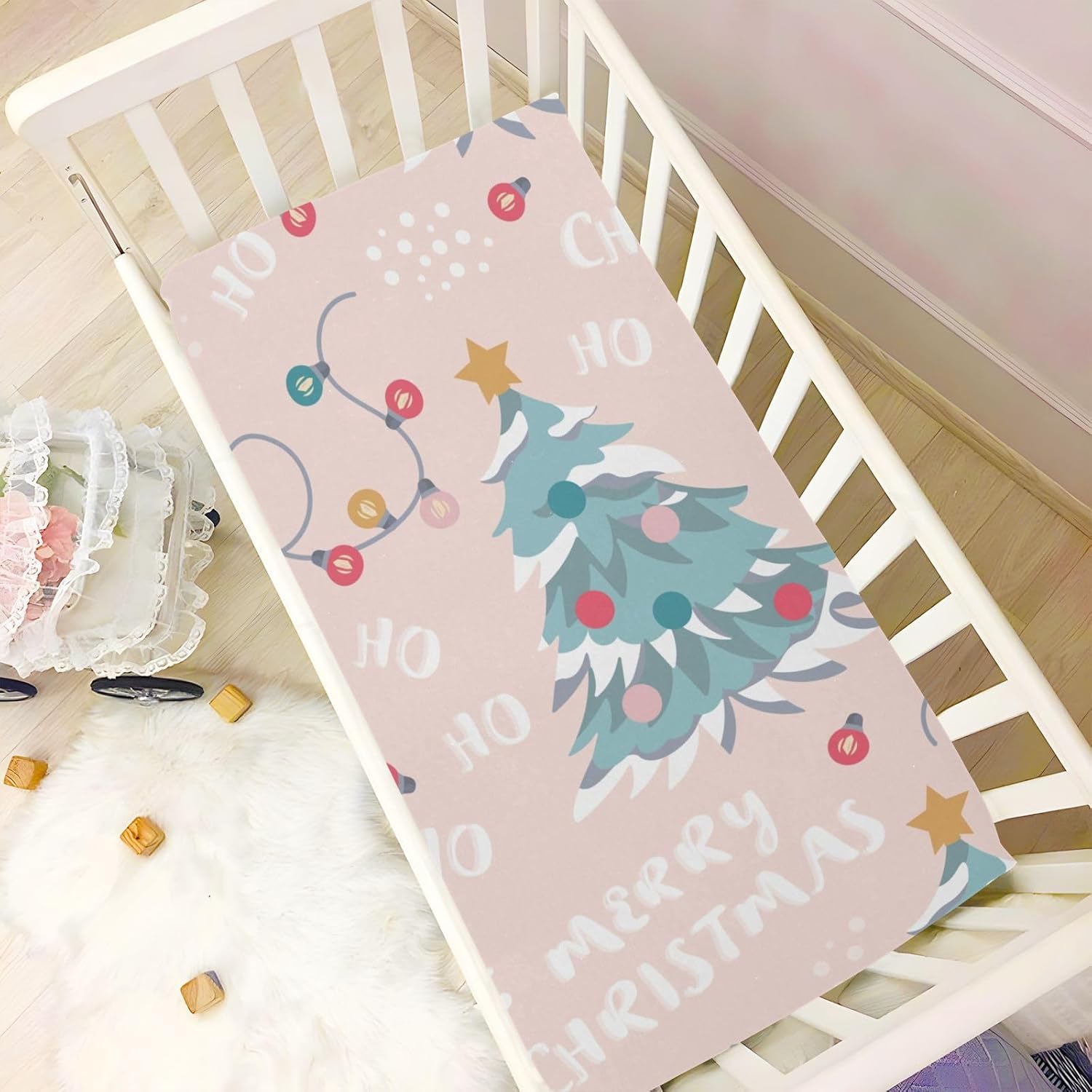 CEBUGI Stretchy Crib Sheet for Baby Boy Girl,Merry Christmas Portable Mini Fitted Pack N Play Playard Sheet for Neutral,Ultra Soft Material,Full Standard Toddler Mattresses,S