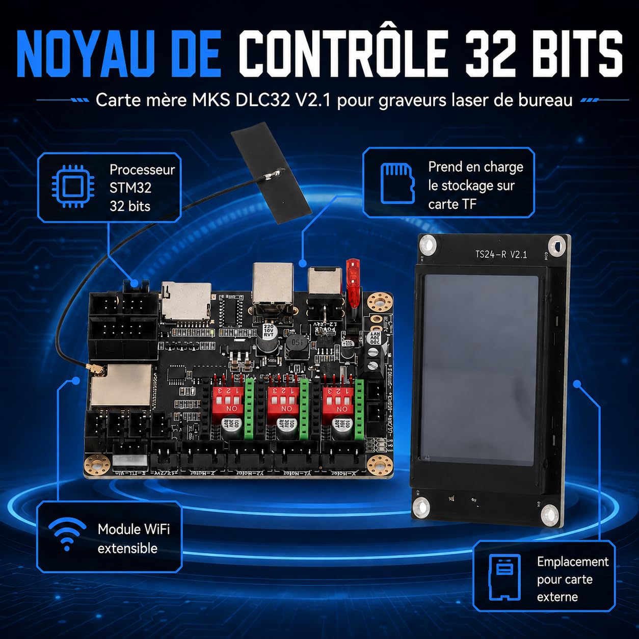 Carte Mère De Machine De Gravure, Carte de Contrôle D'imprimante 3D 12-24V DC MKS DLC32 V2.1 Contrôle Hors Ligne WiFi 32 Bits avec écran Tactile TS24-R V2.1 De 2,4 Pouces