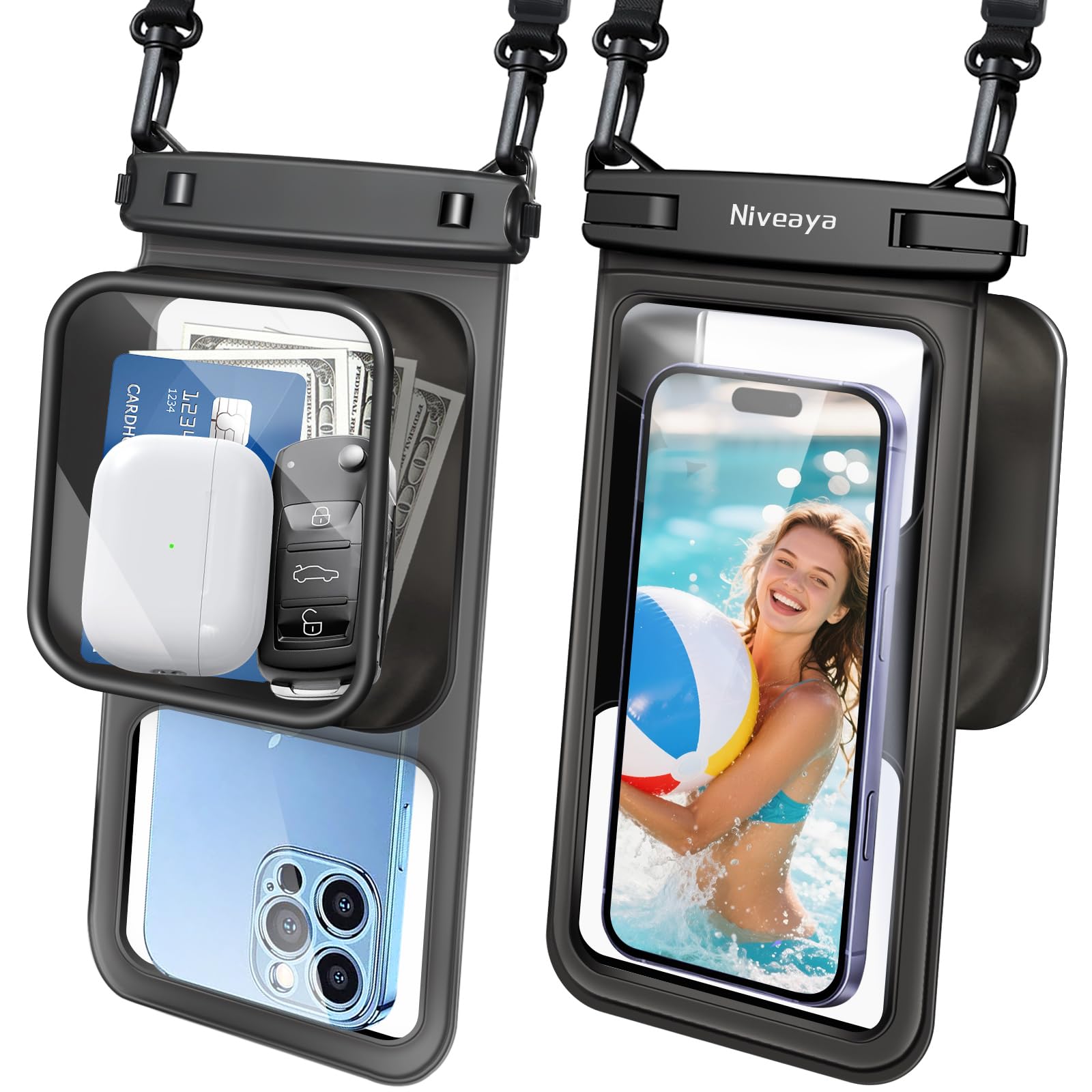 Niveaya [Floatable Floating Waterproof Phone Pouch 2 Pack-Up to 8.5", Large Space Adjustable Neck Lanyard Waterproof Phone Case, Phone Dry Bags for