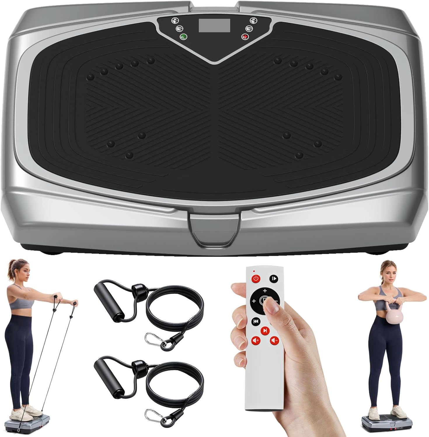 ടോപ്പ് ഡൗൺ view of the Sperax Vibration Plate Exercise Machine with its control panel and textured foot pads. Also shown are resistance bands and a remote control.