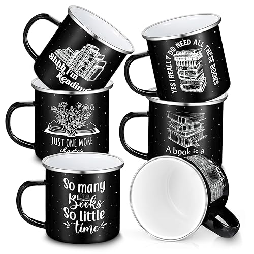 Hushee 6 Pack Book Lovers Gifts Enamel Mugs 12oz Book Coffee Mugs for Women Librarians Coffee Drinking Cups Gift for Bookish Men Writers Reader Library Reading Teacher, 6 Style(Black) - Black