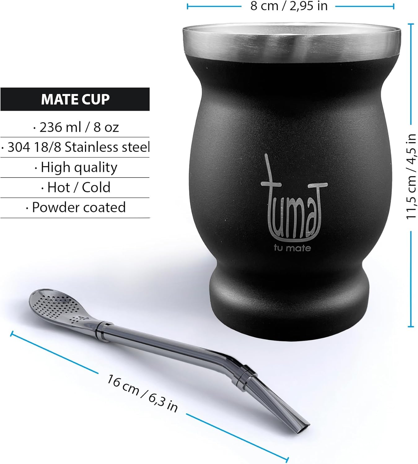 Complete Yerba Mate Kit - Includes Mate Cup, Straw (Bombilla), 750ml Thermos, Bag and two gifts (Container Yerbero and Car Immersion Heater) - Stainless Steel Yerba Mate Set (Black) - Image 4