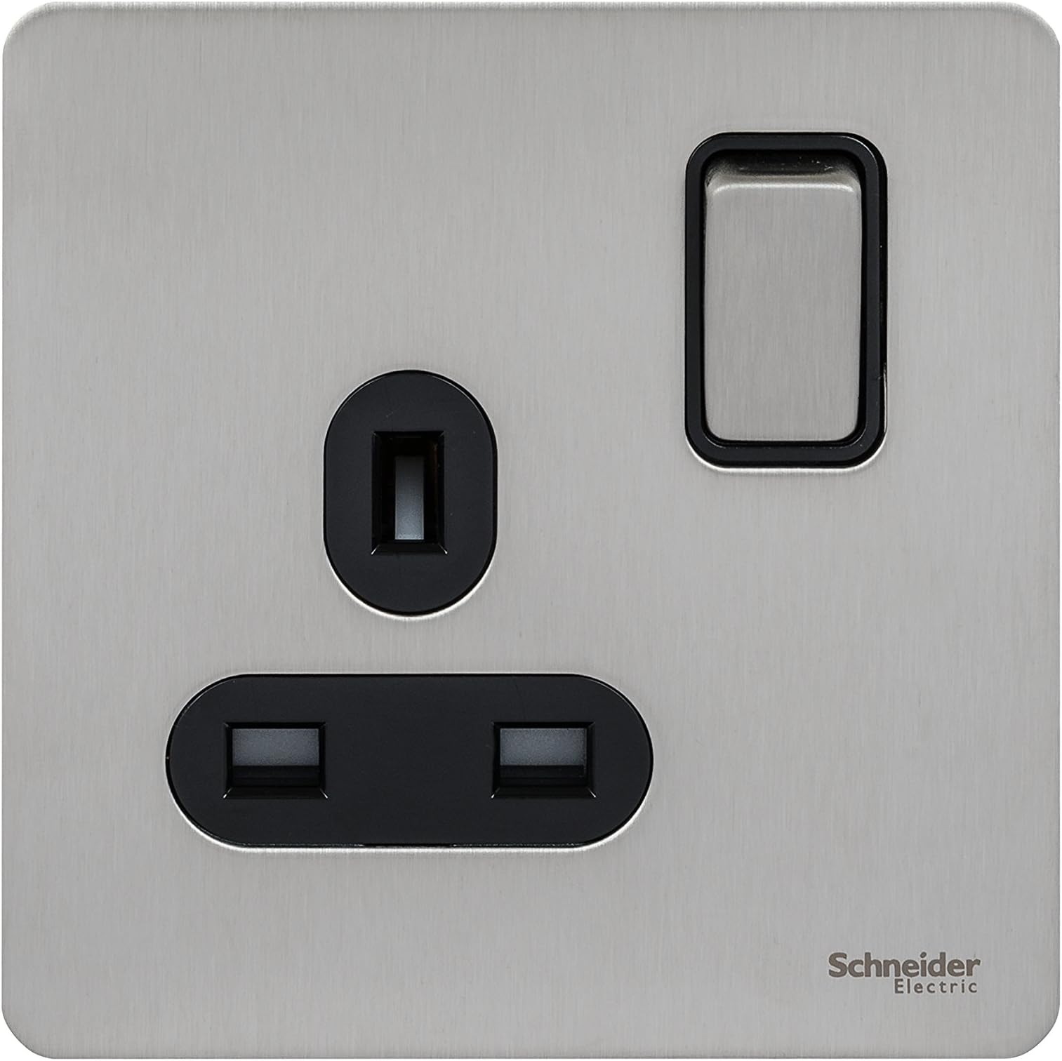 Schneider Electric Ultimate Screwless Flat Plate - Switched Single Power Socket, 13A, GU3410BSS, Stainless Steel with Black Insert