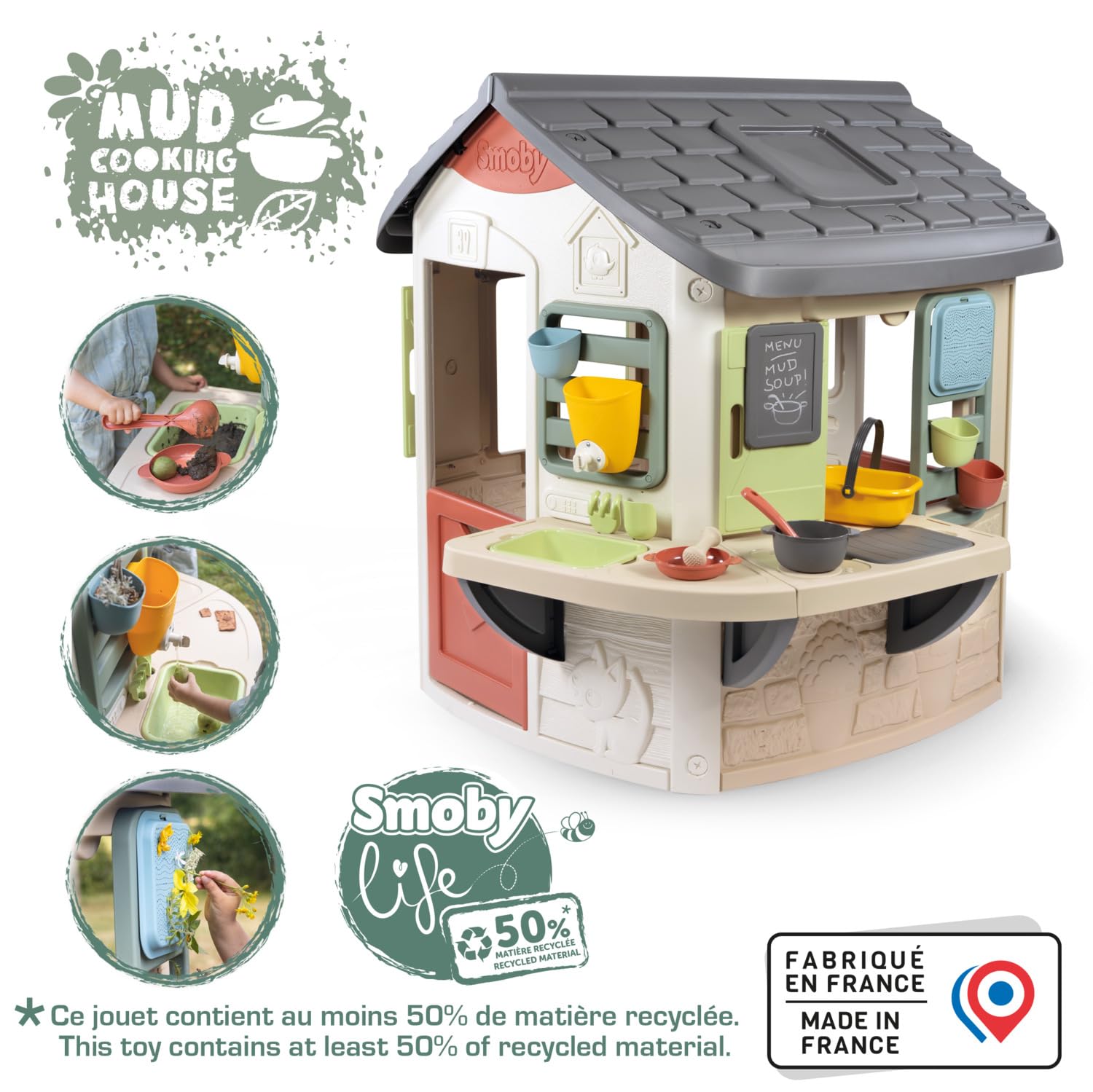 Smoby Life - Mud Cooking House - Cucina con pentole e teiere - Ampio piano di lavoro - 16 accessori inclusi - Materiale riciclato - Dai 2 anni in su - Prodotto in Francia