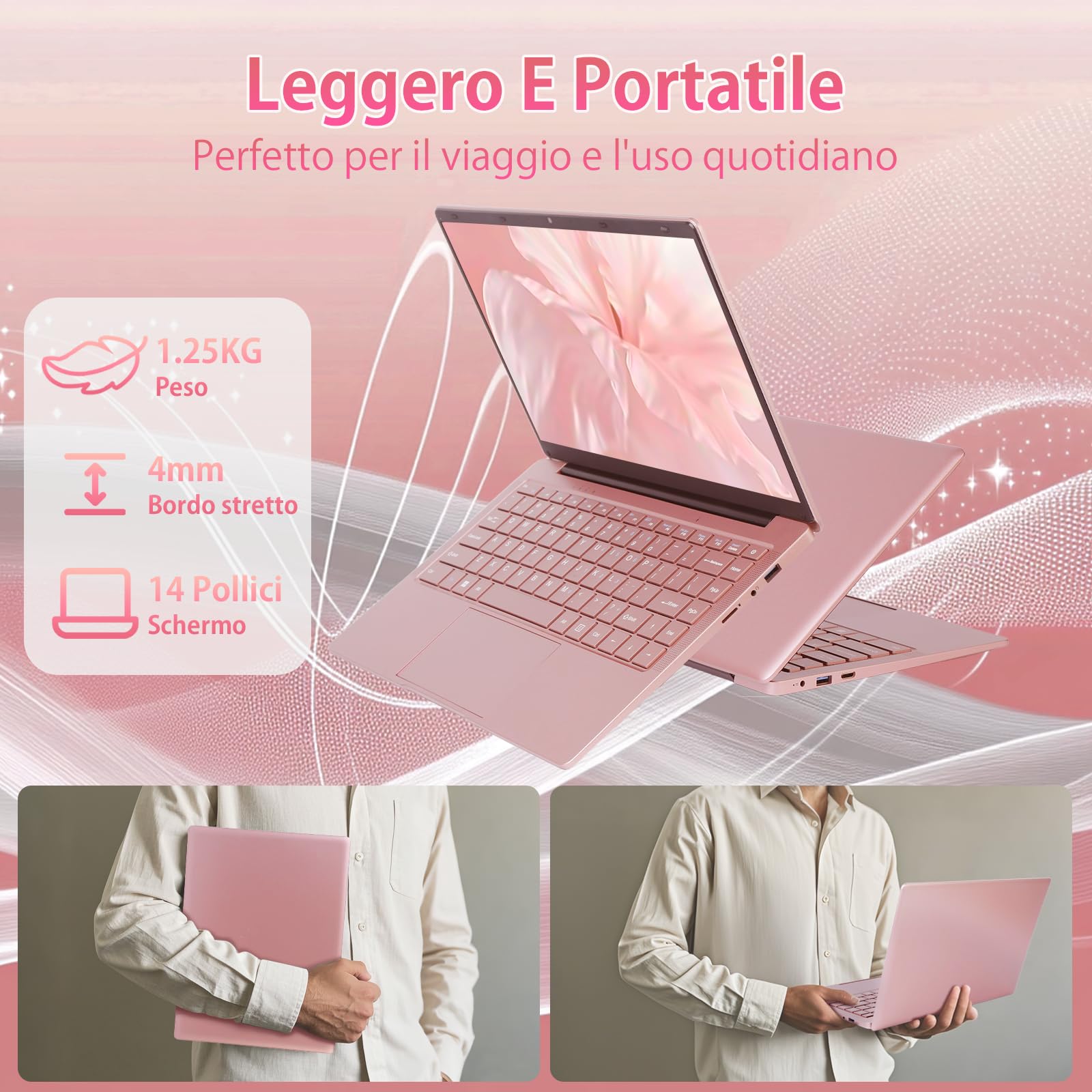 PC Portatile 14 Pollici, Notebook Full HD 1920x1080, Celeron J4105, Win11 pro, Computer Portatile Leggero e Sottile, Tastiera Italiana, Mini HDMI, Mouse Wireless (Oro rosa, 6GB+256GB SSD)