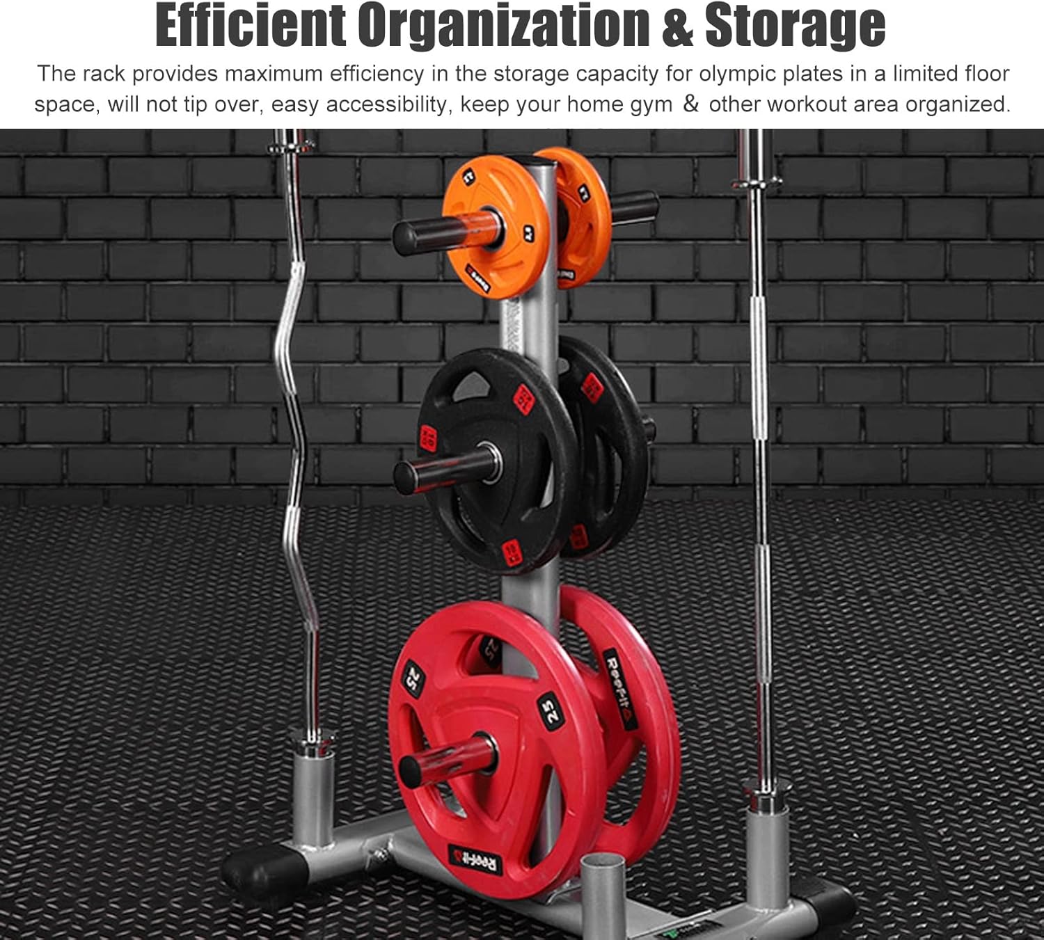 Silver Heavy Duty Weight Plate Rack - Commercial Home Gym Standard Olympic Weight Tree with Bar Holder, 5cm Fitness Dumbbell Barbell Plate Rack