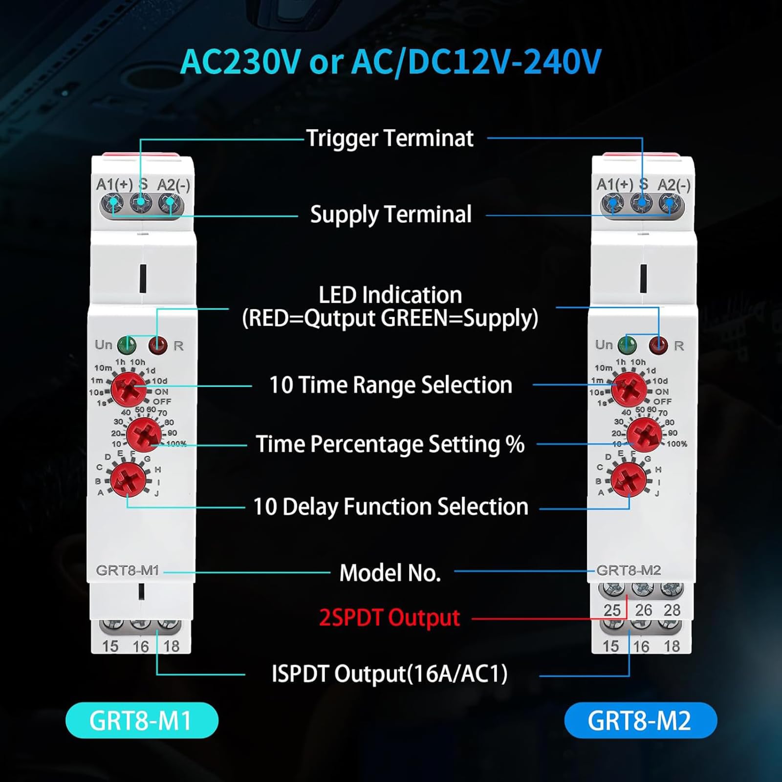 Relé de retardo de tiempo multifuncional, multifunción, montaje en carril DIN, diseños de gran voltaje de 12 V 240 V para control industrial