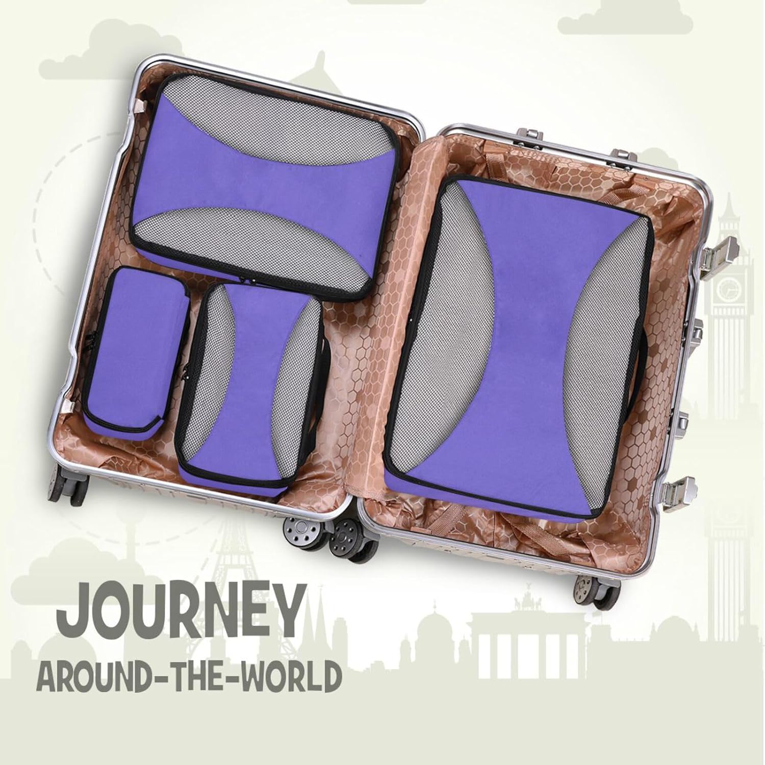 Slate Blue Solid Color Pure Plain Purple 4 Pcs set organizer bags set Mesh Travel Essentials expandable cubes for packing