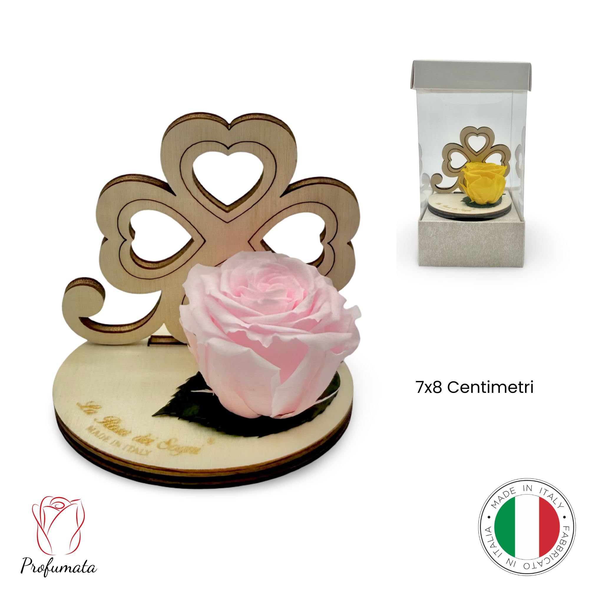 Rosa Stabilizzata con Quadrifoglio in Legno Intaglio Laser – Fiore Naturale a Lunga Durata - Made in Italy (Rosa)