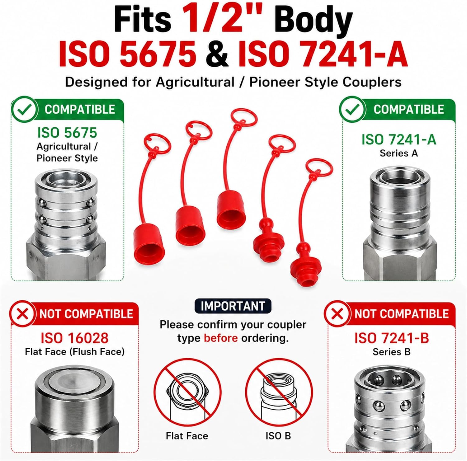 2 Sets 1/2" Hydraulic Coupler Dust Cap & Plug Covers, Fits 1/2" Body ISO 5675 & ISO 7241-A Pioneer/AG Style Quick Couplers, for Male Nipple & Female Coupler, Red with Retention Rings