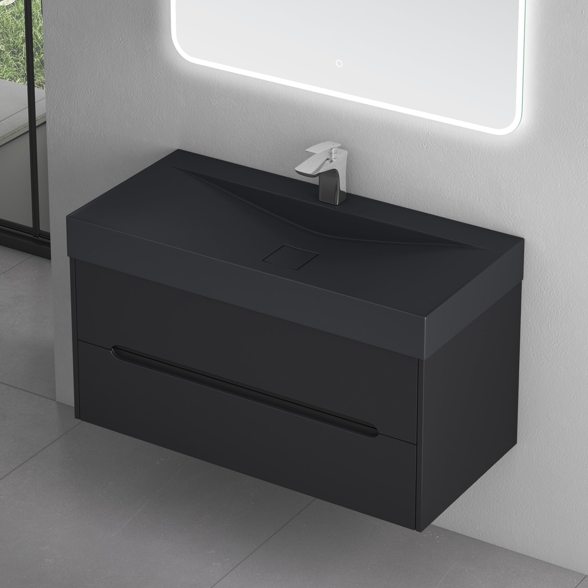 doporro Mobile Bagno Sospeso 100 cm con Lavabo in Marmoresina – Finitura Nero Opaco, Cassetti a Chiusura Rallentata, Serie Yoga
