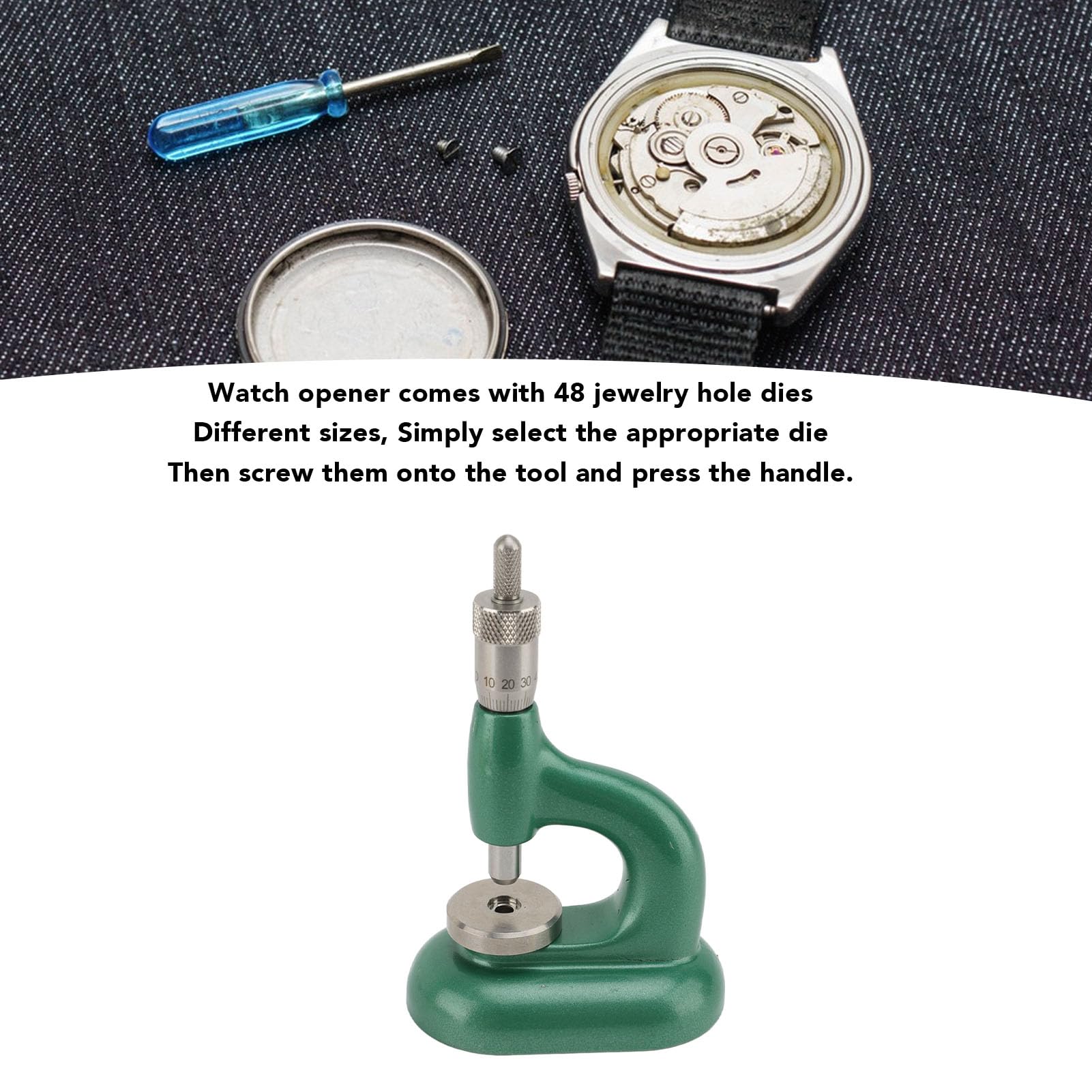 Juego de prensa para cerrar la caja trasera de relojes, herramienta de relojero de aleación de aluminio con 48 troqueles con orificio para joyería, mango ergonómico para tiendas de