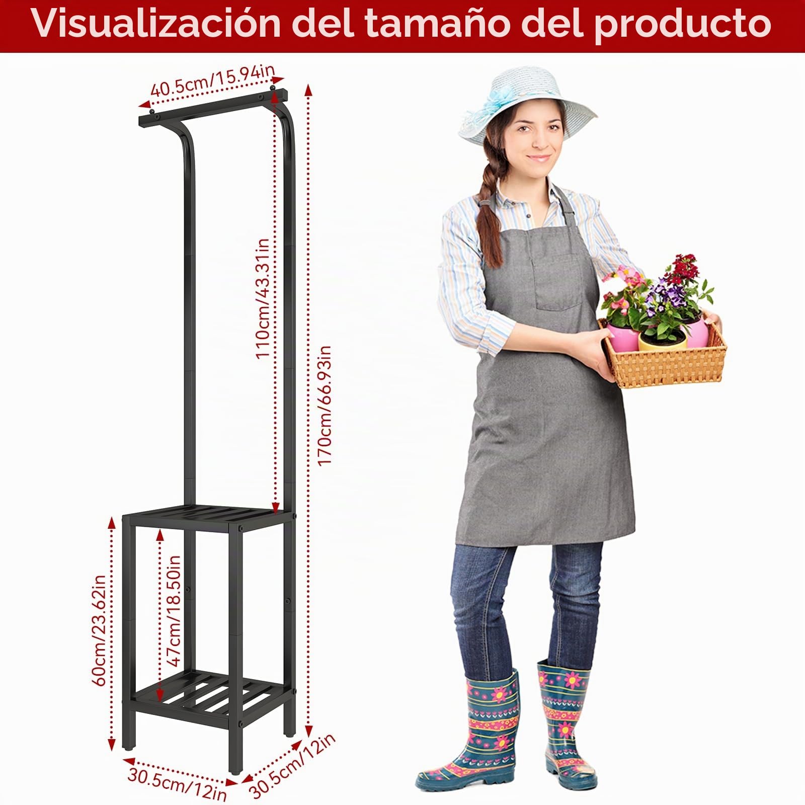 IBUYKE 170cm de Alto Soporte para Plantas para Interior, 3 Niveles de Metal Colgante Estante para Flores, Estantería para Plantas Soporte para Flores para Salón Balcón Jardín, Negro TMJ076B