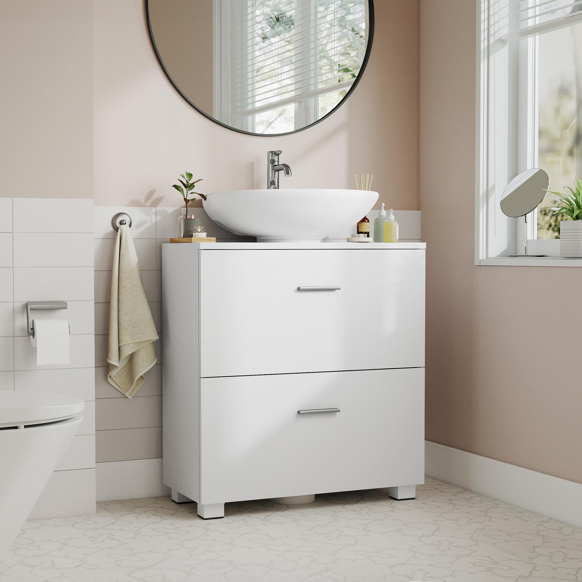 VASSAGLE CUSTOS Collection - Under Sink Bathroom Cabinet with 2 Drawers, Under Sink Storage Cabinet, Tall Feet, Fits Various Washbasins, 30 x 60 x 63.8 cm, Cloud White BBK521WB01