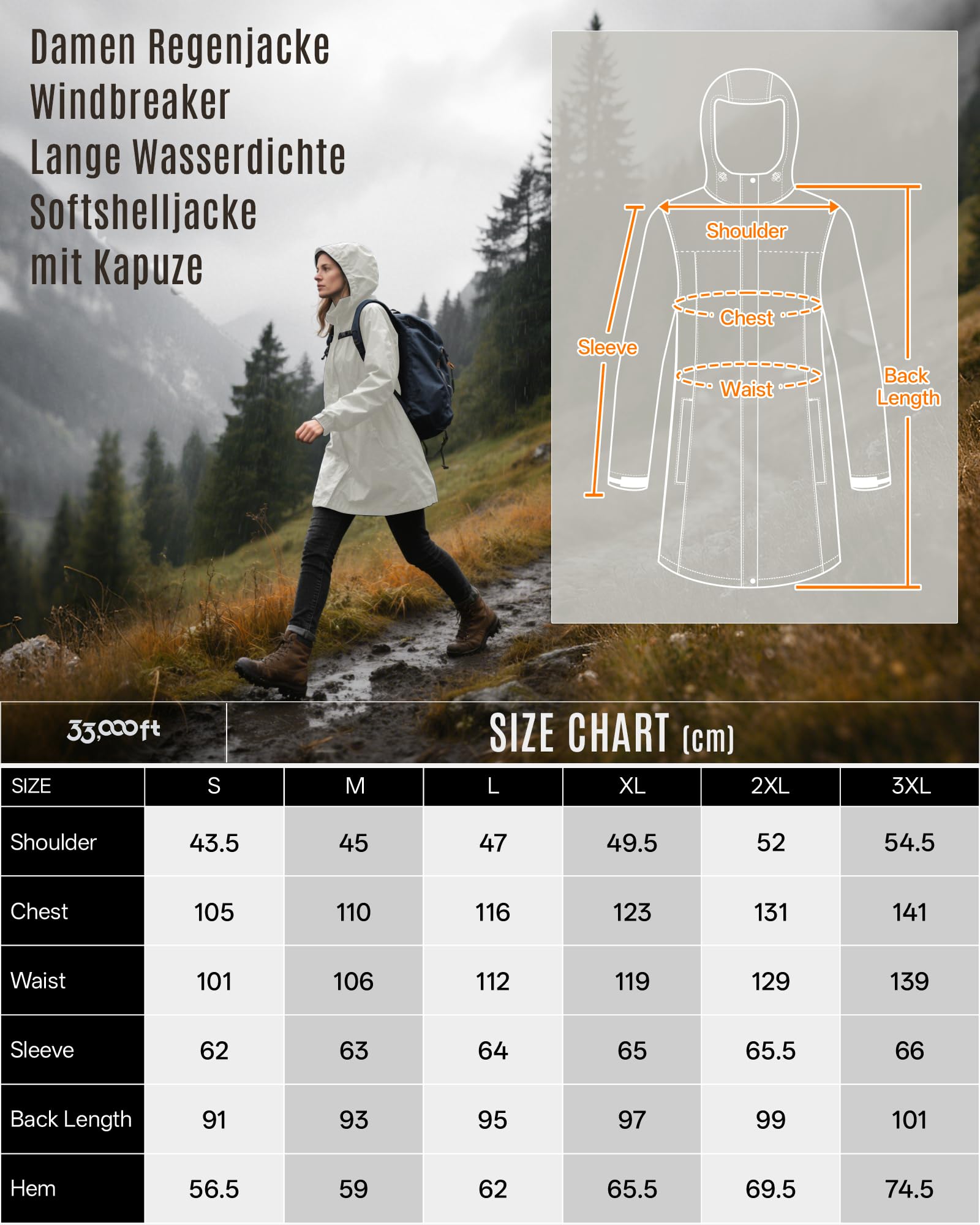 33,000ft Chubasquero para mujer, cortavientos, chaqueta larga e impermeable, chaqueta de softshell con capucha, chaqueta ligera de entretiempo, chaqueta de senderismo, impermeable transpirable para