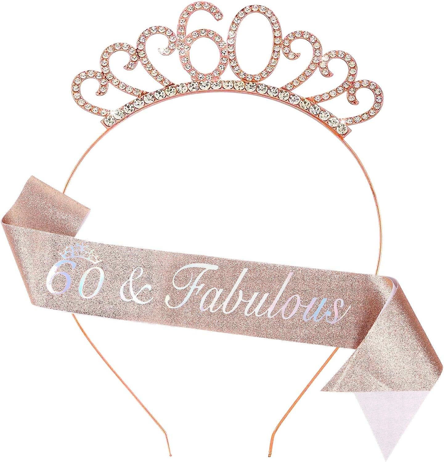 60th Birthday Decoration for Women,Rose Gold Birthday Sash and Rhinestone Headband for Women's 60th Birthday Party Decor