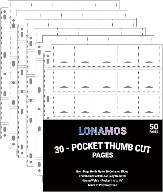 50-Sheets 30-Pocket Thumb-Cut Coin Pages - Coin Pocket Pages for 1.5 x 1.5 Inch Cardboard Coin Holder, Collecting Sleeves for Coin Flips, 1500 Pockets for Coin Binder, Coin Collection Storage Supplies