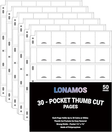 50-Sheets 30-Pocket Thumb-Cut Coin Pages - Coin Pocket Pages for 1.5 x 1.5 Inch Cardboard Coin Holder, Collecting Sleeves for Coin Flips, 1500 Pockets for Coin Binder, Coin Collection Storage Supplies