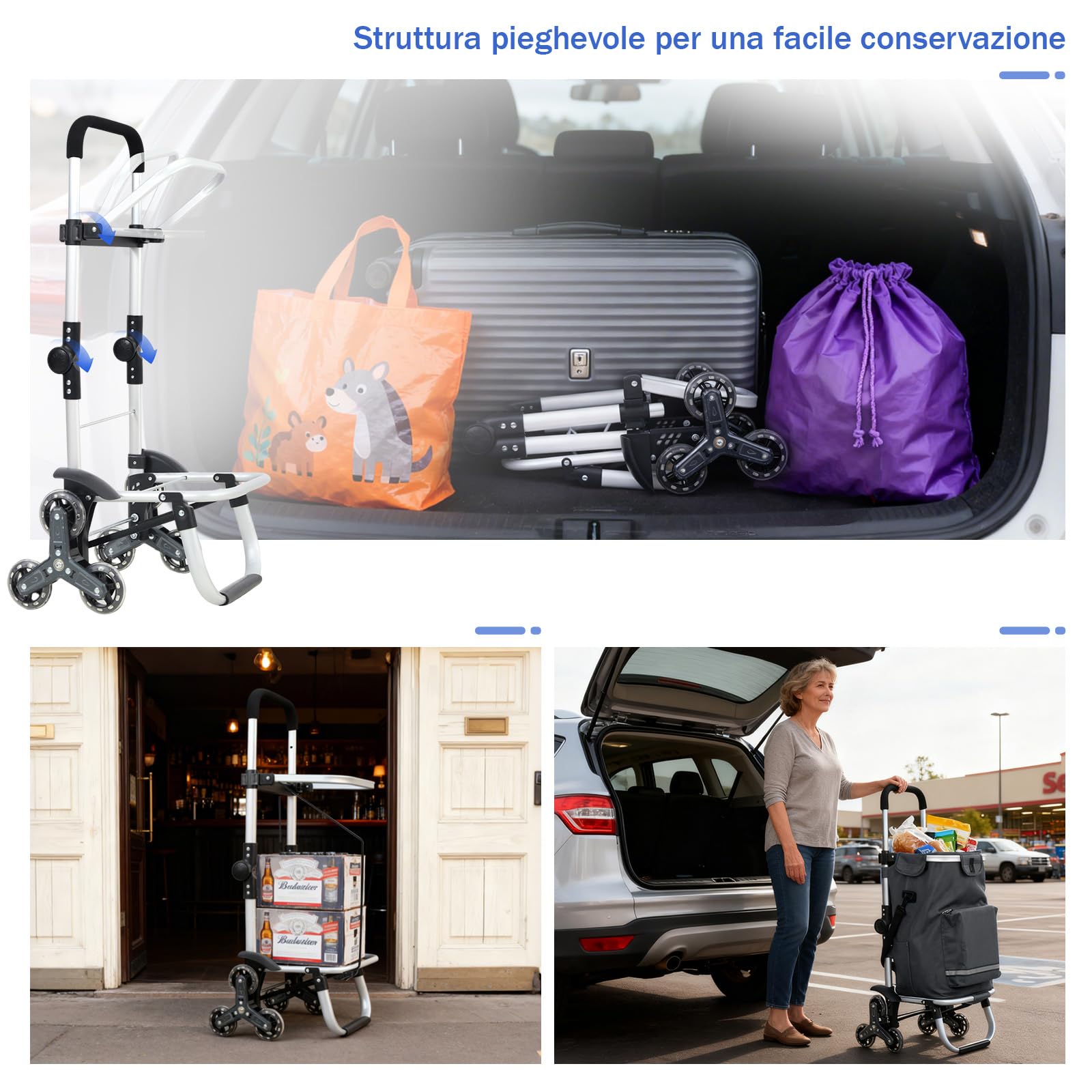 Sekey Carrello della Spesa Pieghevole con Funzione Saliscale, Carrello 3 in 1 con Borsa a Tracolla e 3 Ruote, Trolley Ideale per Anziani, Spesa e Campeggio – Grigio