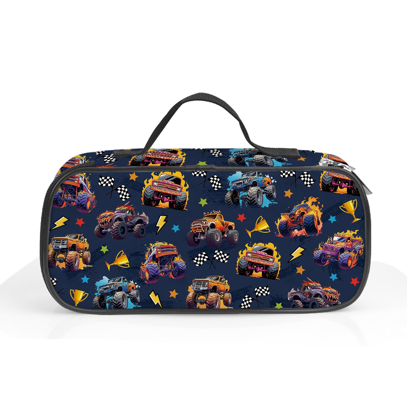 NEIUJADK Kids Pencil Case, Flame Monster Truck Print Large Capacity Pencil Bag with Handle, Durable Polyester Stationery Pouch for School Boys Truck Lovers