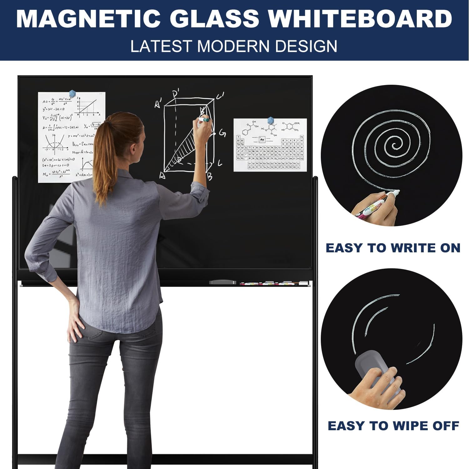 TSJ-OFFICE Rolling Glass Whiteboard on Wheels - 48" x 32" Magnetic Mobile Dry Erase Board with Stand, Large Rolling White Board with 25 Sheets Paper Pad, Transparent Tempered Glass Board Office, Home