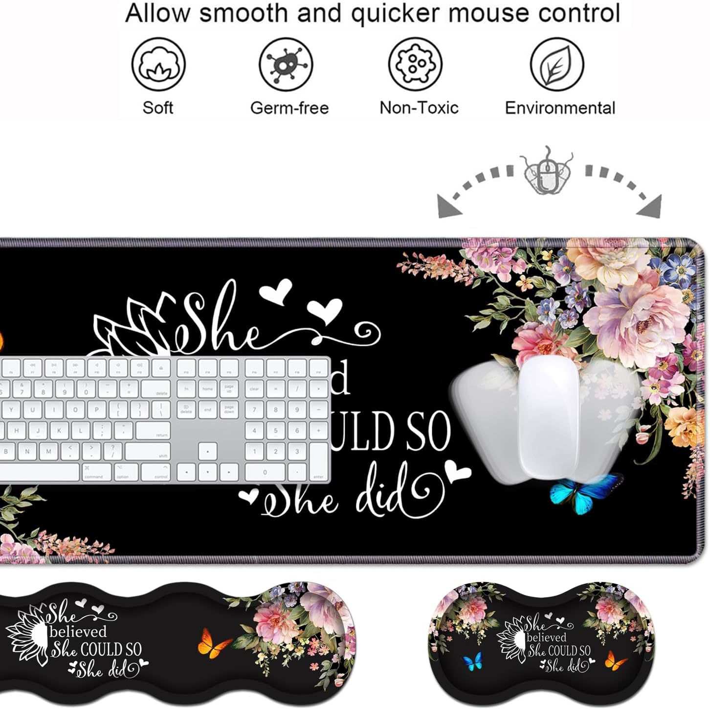Ergonomic Keyboard Wrist Rest & Mouse Pad Wrist Rest Set, 31.5"x 11.8" Large XXL Gaming Desk Pad Memory Foam Non-Slip Desk Mat for Office & Home, Floral Quote She Believed She Could So She Did