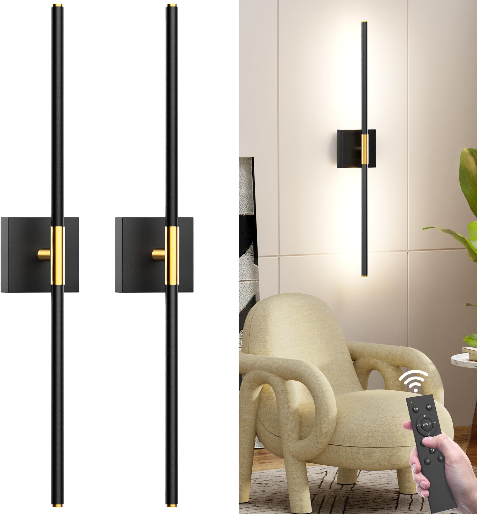 31.5 Inch Battery Operated Wall Sconce Set of Two, 8000mAh USB Rechargeable Wall Sconce with Remote Control, 360ยฐRotate Dimmable 3000K-6000K LED Wall Lights for Living Room, Hallway, Bedroom, (2 Pack)