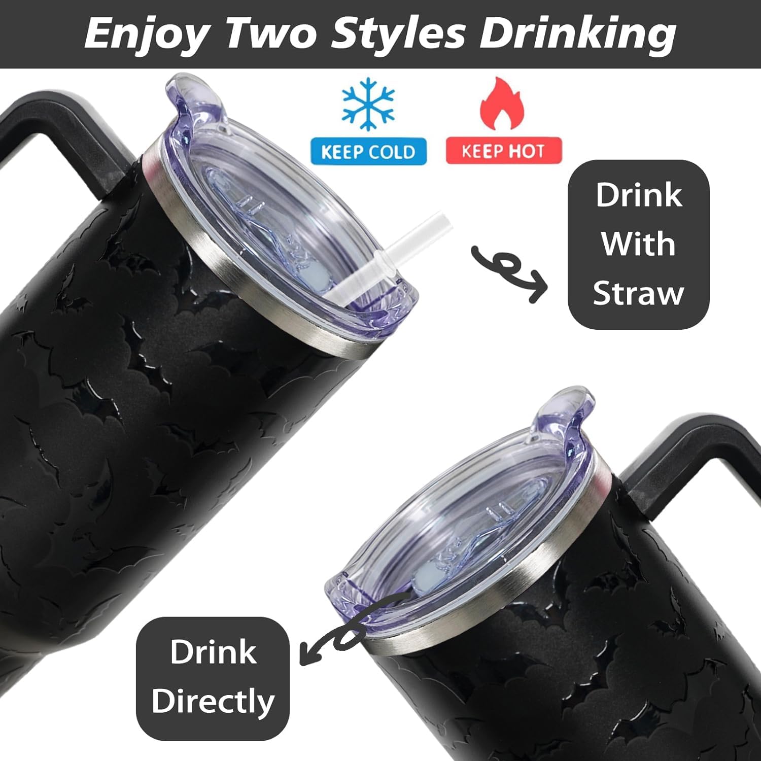 40 oz Halloween Tumbler with Lid and Straw - 5D Bat Print Tumblers with Handle Halloween Stainless Steel Insulated Travel Cup Black Coffee Cups Gifts for Women Men Adults - Image 6