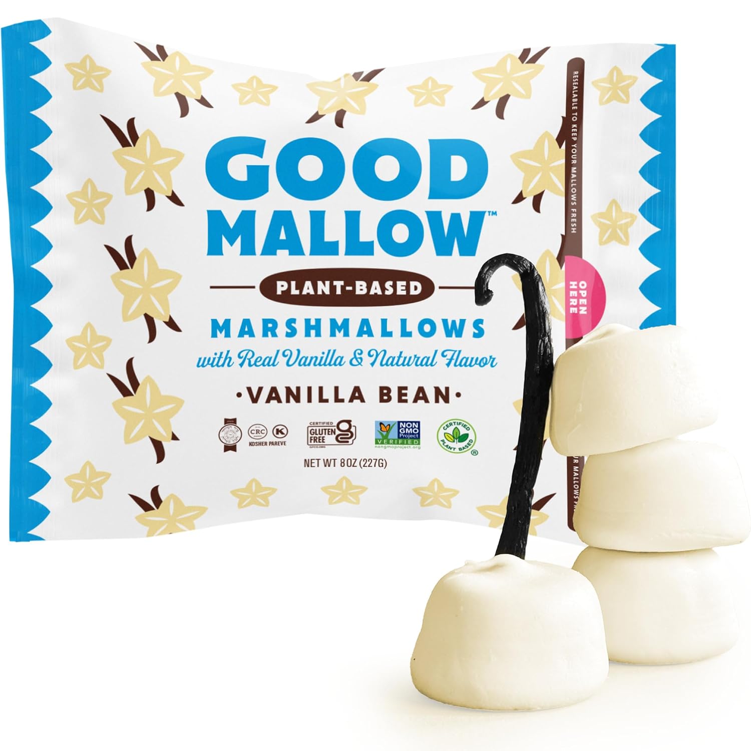 GoodMallow Vegan Marshmallows - Large Kosher Halal Gluten Free Dairy Free Healthy- 4 x 8oz. Natural Gelatin Free Marshmallows for Hot Chocolate, Smores, Baking - Nothing Artificial, Made in USA (White Vanilla ) (Pack of 4)