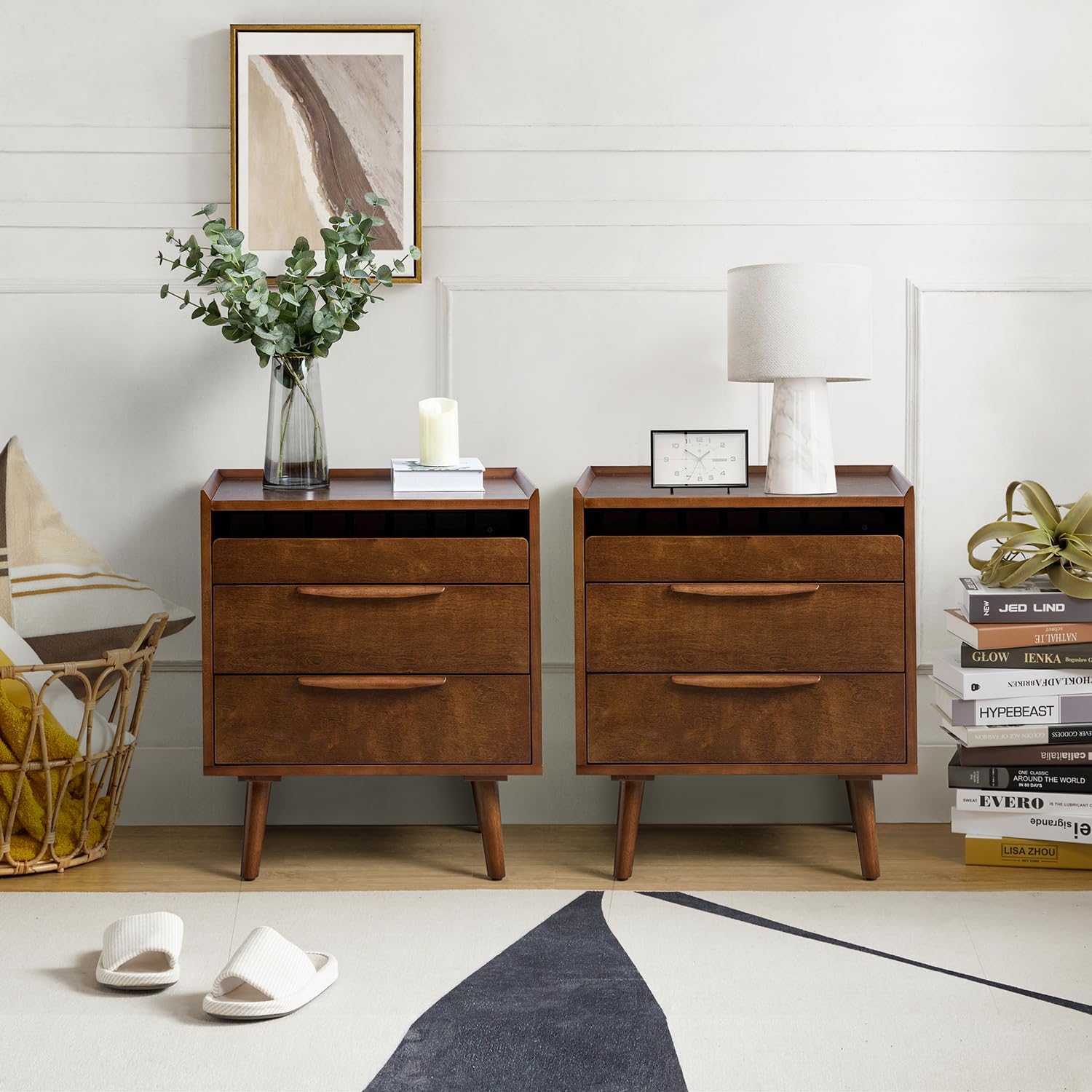 HULALA HOME 2 Drawer Nightstand with Charging Station, Mid-Century Modern Bedside Tables with Wood Legs, Wood Night Stand with Pull-Out Shelf Set of 2, Walnut