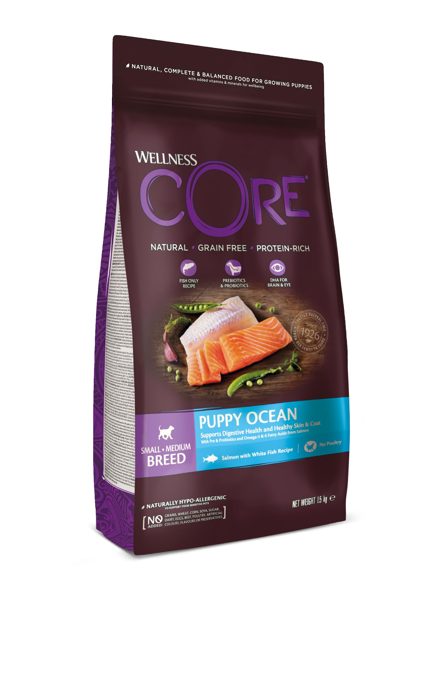 Wellness CORE Puppy Ocean 1.5kg, Salmon & White Fish – Dry Dog Food for Small & Medium Breed Puppies, Grain-Free, Natural, Hypoallergenic, Protein-Rich, High Fish Content, Brain & Eye Development
