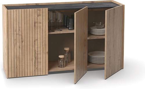 MUEBLES PITARCH | Aparador Salón Comedor, Buffet, Mueble Auxiliar, 3 Puertas, Negro y Roble Gold, Listones serigrafía, 80x140x40cm, Despensa, Cocina, Despacho, Moderno, Modelo Irati