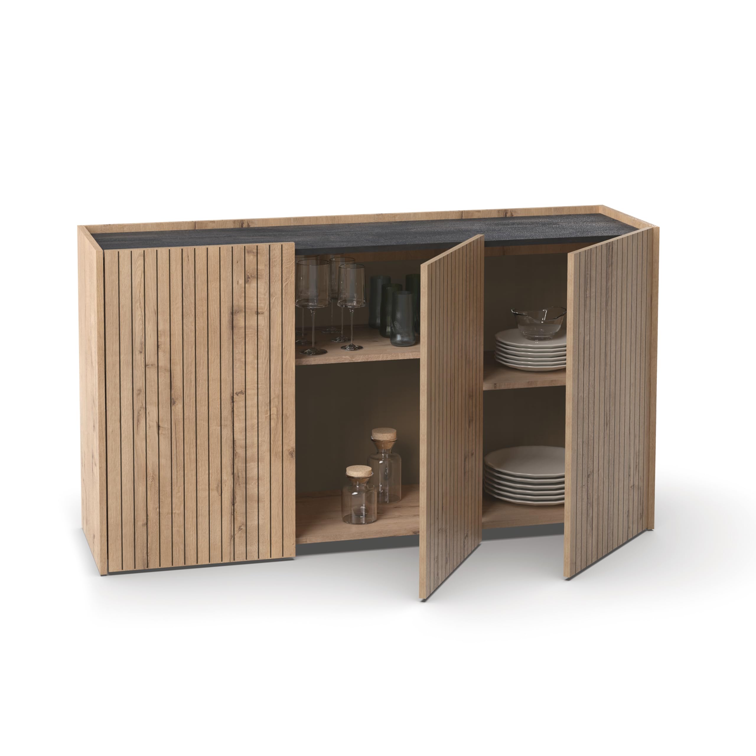 MUEBLES PITARCH | Aparador Salón Comedor, Buffet, Mueble Auxiliar, 3 Puertas, Negro y Roble Gold, Listones serigrafía, 80x140x40cm, Despensa, Cocina, Despacho, Moderno, Modelo Irati