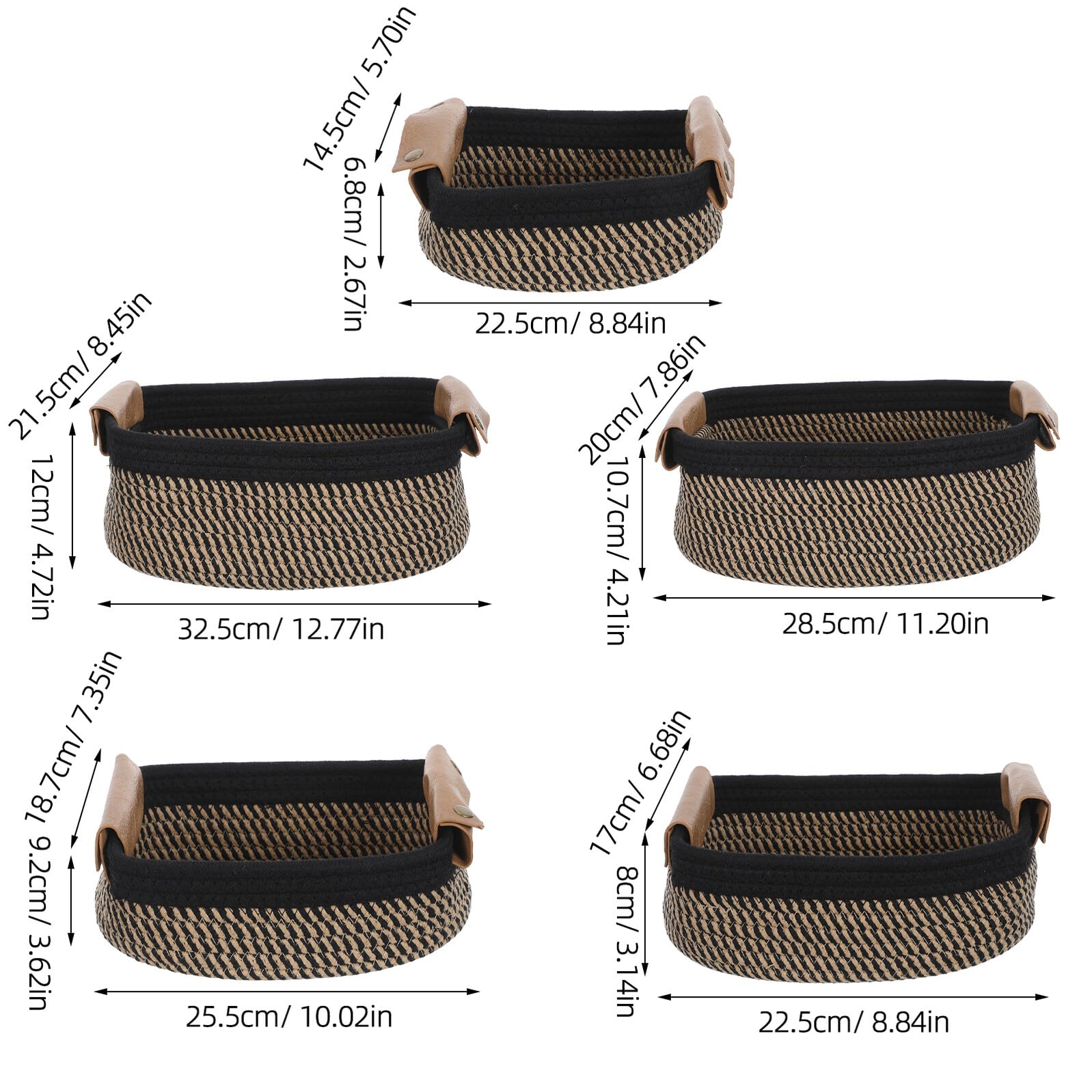 PLAFOPE 5 Szt. Cotton Rope Woven Storage Baskets Set with PU Handles Small Decorative Woven Bins for Nursery Shelf Bathroom Essentials And Toy Organization
