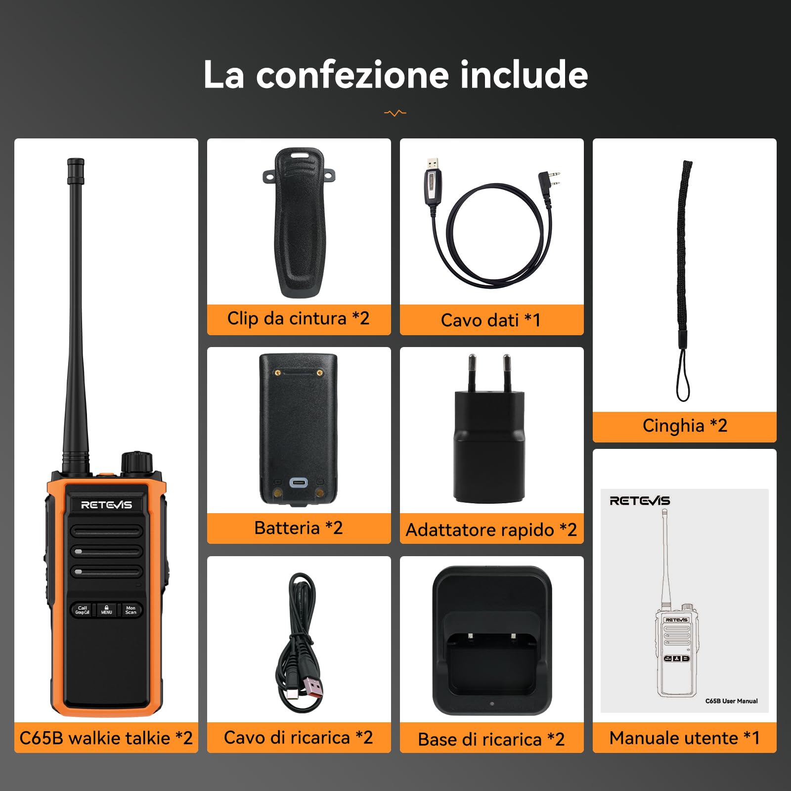 Retevis C65B Walkie Talkie Impermeabile, Ricetrasmittenti Professionale a Lungo Raggio, Impieghi Gravosi, Allarme di Emergenza Woki Toki per Salvataggio Esterno, Costruzione (2 Pacchetto)