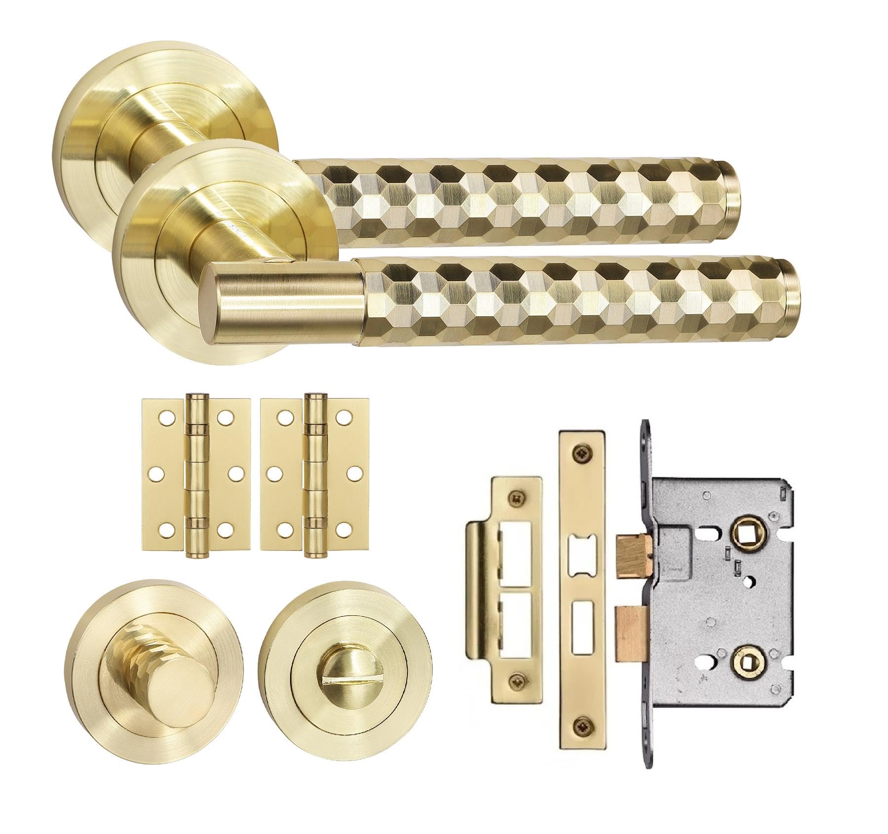 Golden Grace Satin Brass Knurled Hex Cut T-Bar Bathroom Door Handle Set Thumbturn And Mortise Lock Bb Hinges