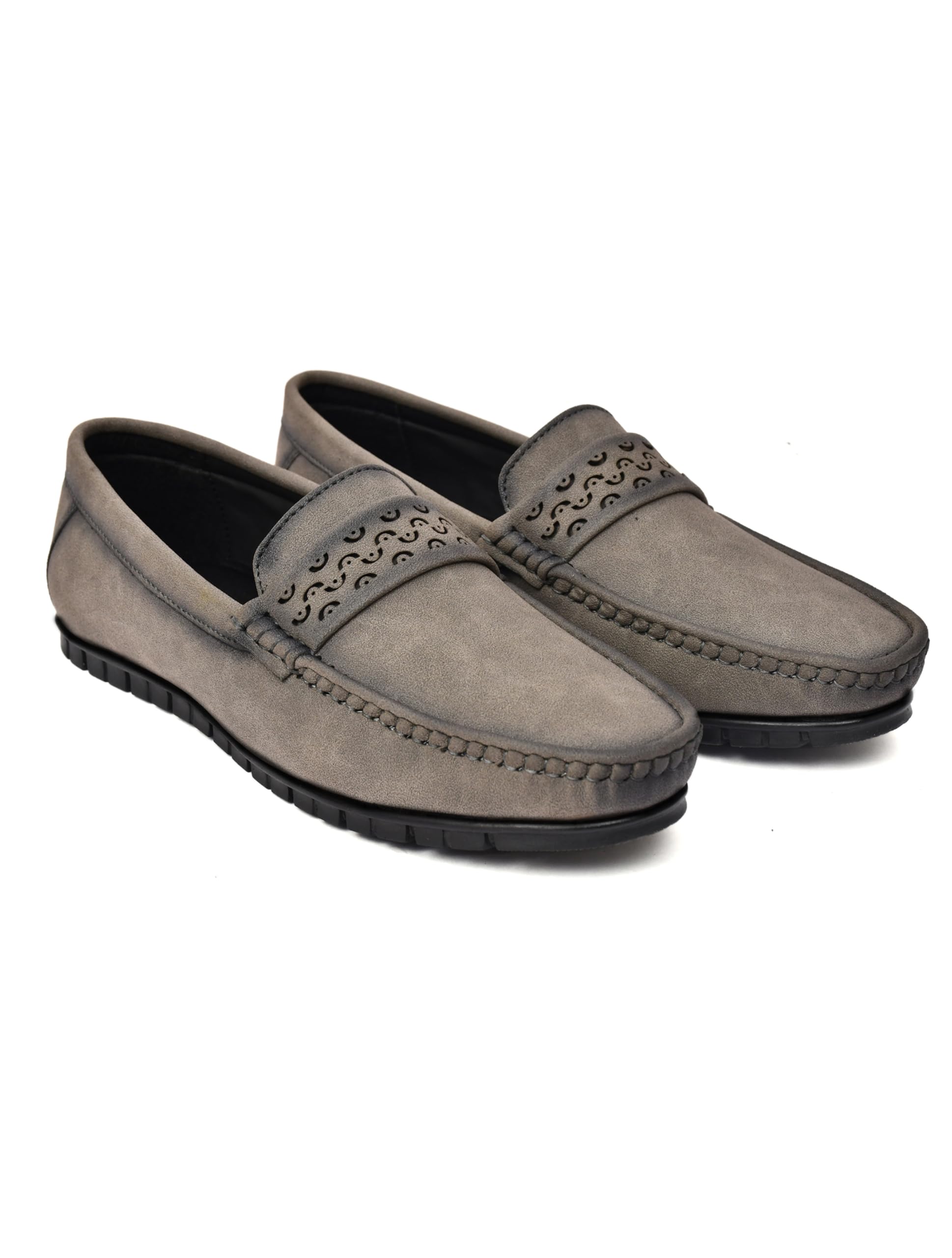 Men's Brown Suede Loafers, Slip-On Moccasin Style with Embossed Detail and Black Rubber Sole-image-26