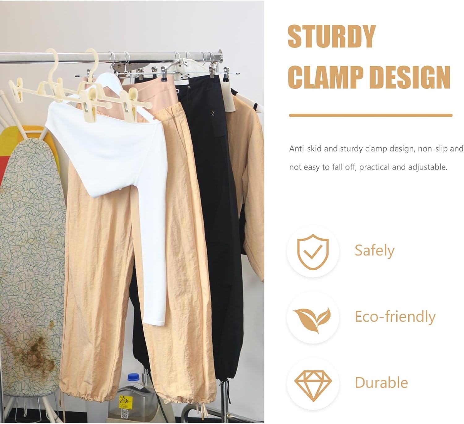 FOMIYES 10pcs Adjustable Anti-Skid Clip Hangers for Pants and Skirts, White Plastic Household Pants Accessories with 360° Rotation, Space-Saving Clothes Storage for Home Closets