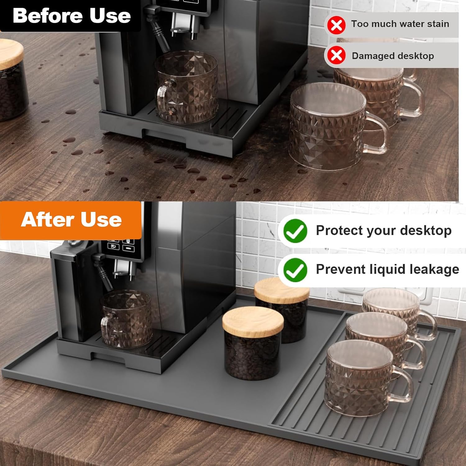 Coffee Mat,Silicone Coffee Bar Mat,61x40.5cm Large Mat underCoffee Machines, Multi-Functional Base Mat with Raised Edges Stackable (Black)