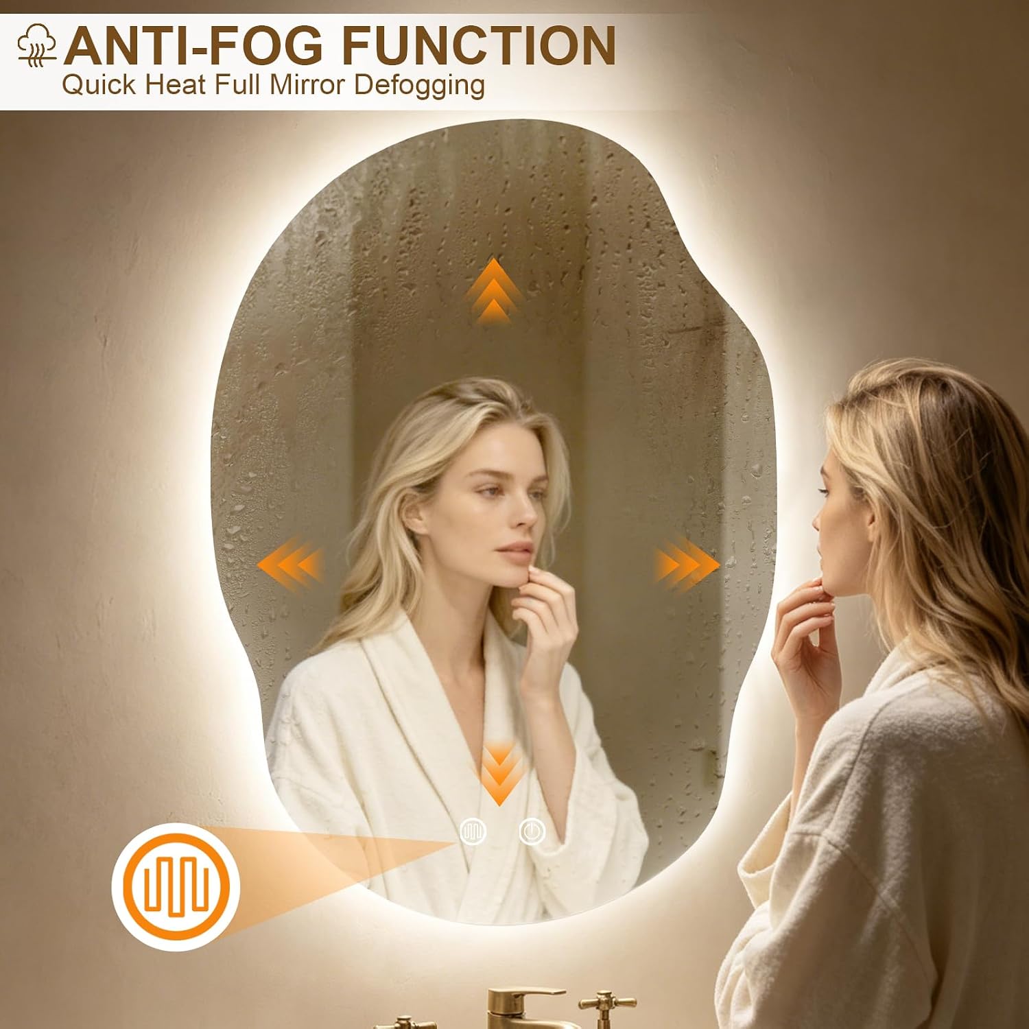 HOMECOOKIN 35 x 25 Inch LED Asymmetrical Bathroom Mirror with Lights, Irregular Backlit LED Vanity Mirror for Wall, 3 Color Lights, Anti Fog Mirror for Bathroom, Dimmable Light, Horizontal/Vertical