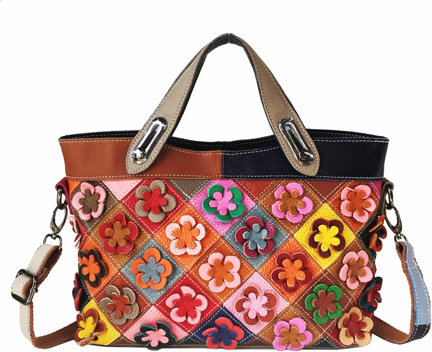 Handmade Cowhide Multi-color Block Random Stitching Unique Style Women's Bag - Crossbody, Shoulder and Handheld