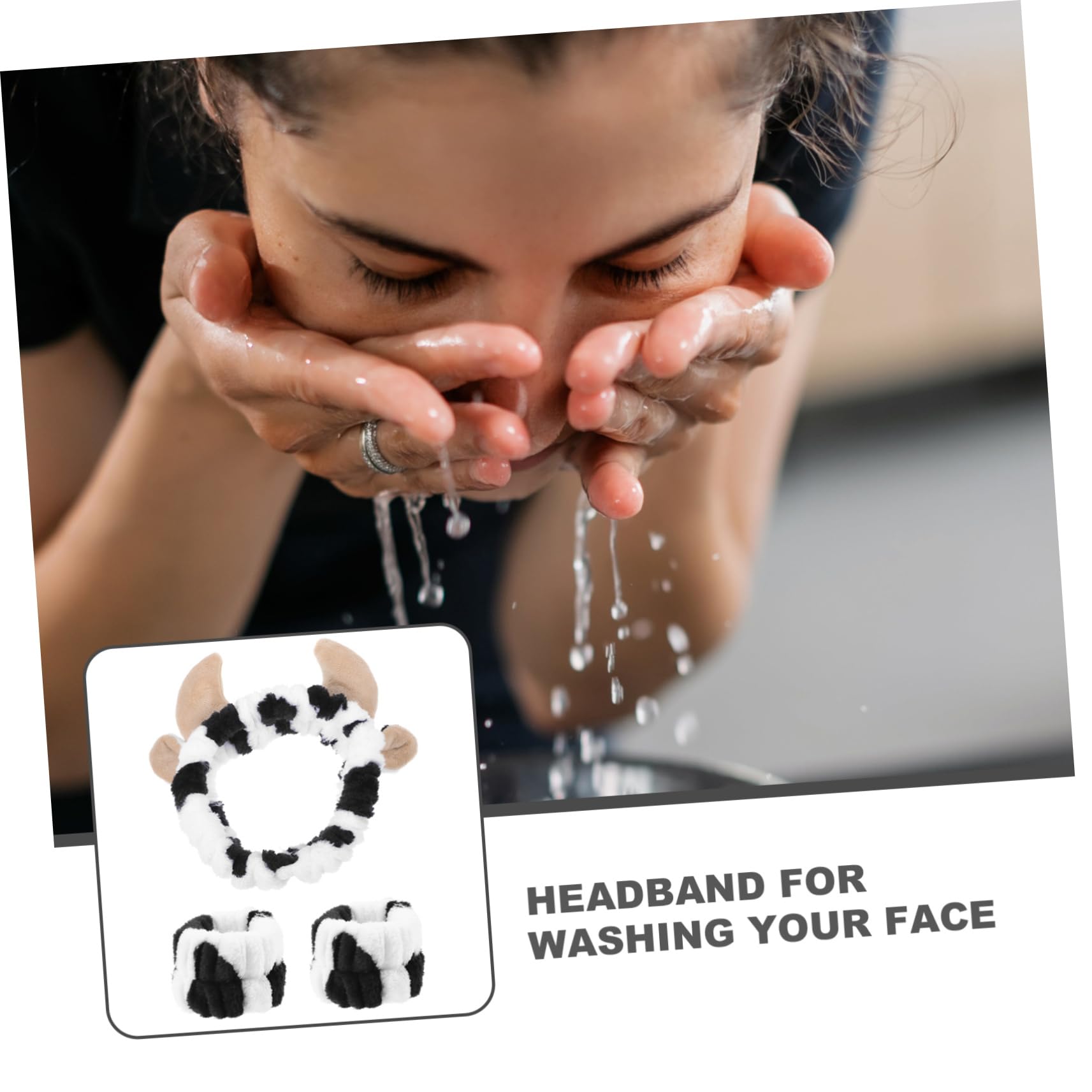 Holibanna Cow Print Spa Headband with Elastic Wrist Bands Set for Women Girls Face Wash Makeup Hair Band Skincare Accessory - Image 4