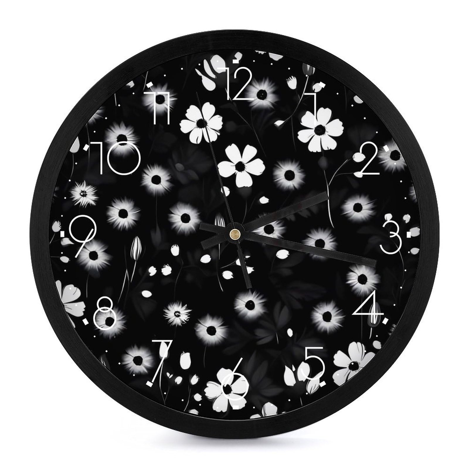 Horloge murale noire et blanche silencieuse fleurie pour salon