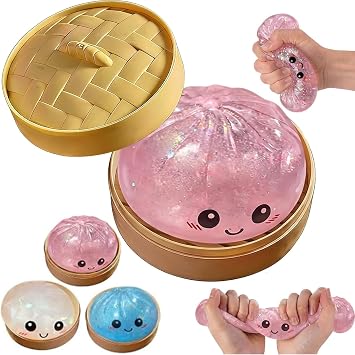 Dumpling Squishy, New Mystery Squishy Dumpling Box, Soft Squeeze Dough Ball for Stress Relief,Stretchy Bun with Mini Food Steamer Desk Fidget Toy for Adults Office Home Glitter Pink