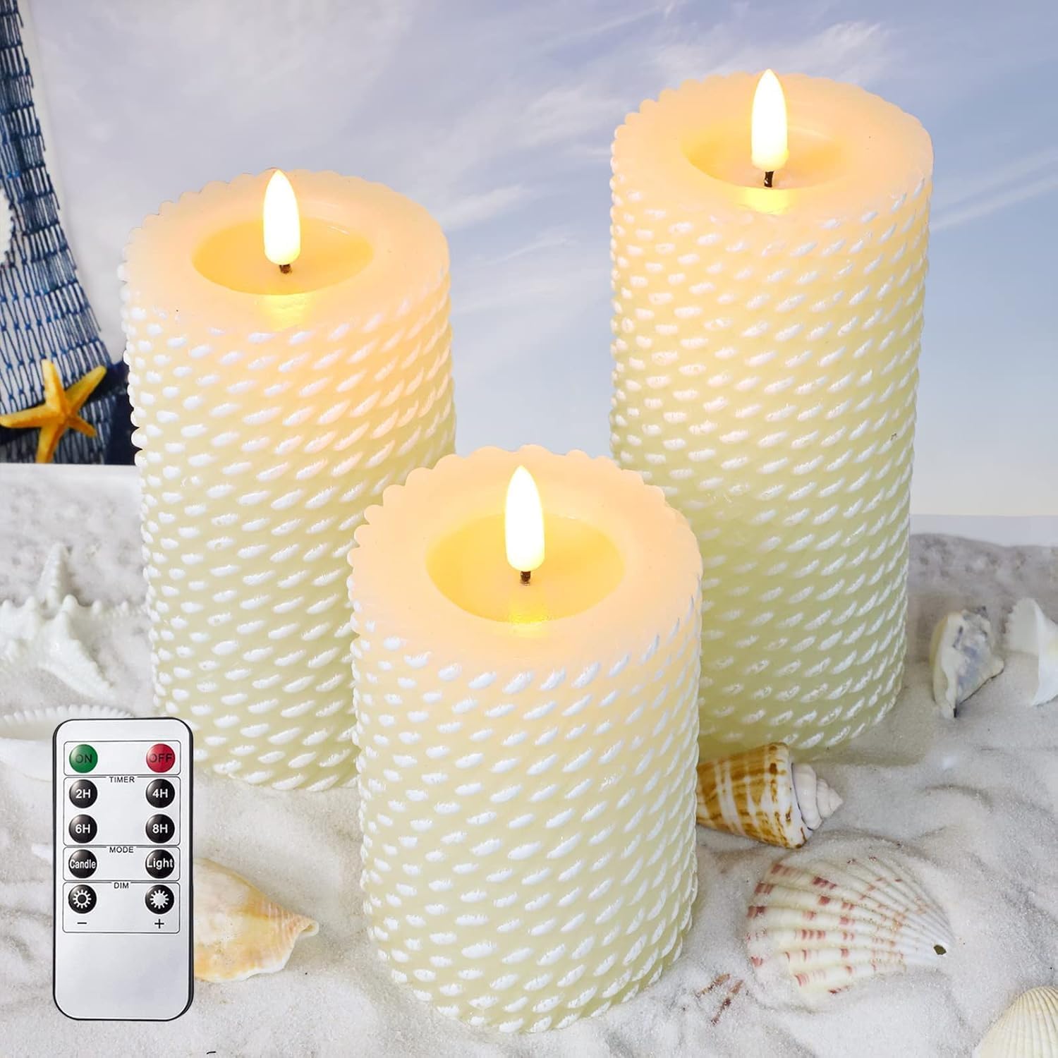 Crystal Club White Flameless Candles,Corded Pattern Carving Battery Operated Candles with Remote Control LED Pillar Candles for Wedding Holiday Home Tabe Décor